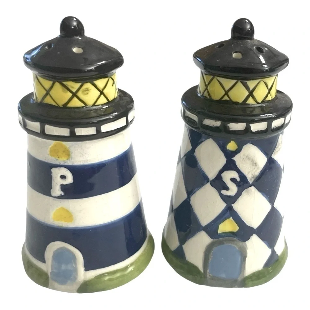 Lighthouse Salt & Pepper Shakers and Lighthouse Napkin Holder Set Ceramic